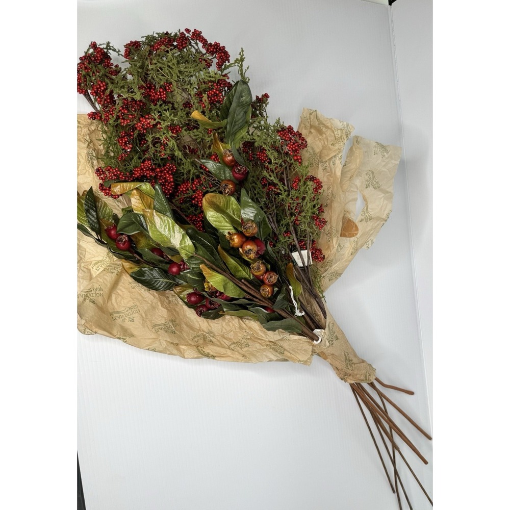 Plantation Shop 40 Inch Red Berry Branch and Leaf Floral Stems Set of 8 NEW